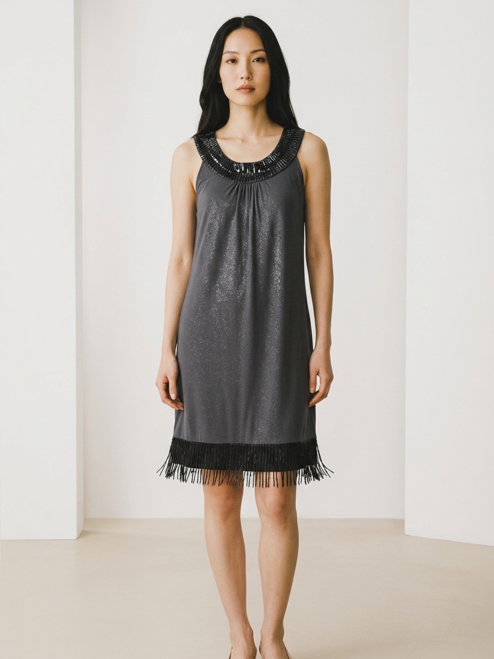 Express Charcoal Beaded Neck Fringe Hem Dress Medium Cocktail Flapper Chic